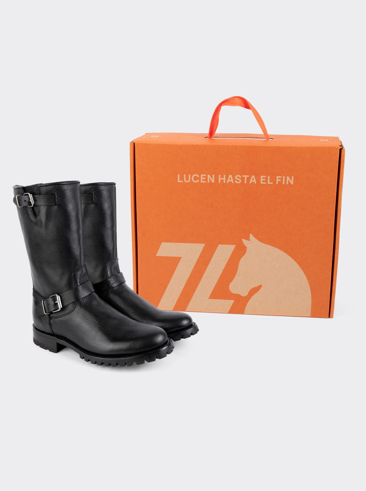 Black Biker Boot with Zipper and Track Sole, Bull Fight Style 1806