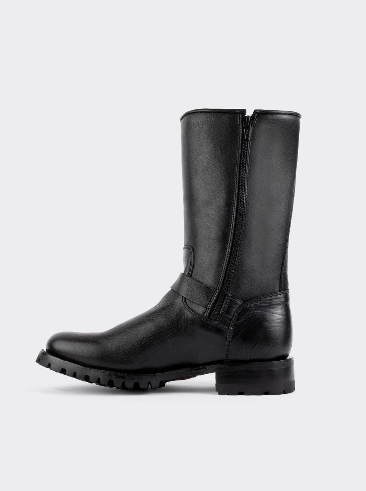 Black Biker Boot with Zipper and Track Sole, Bull Fight Style 1806
