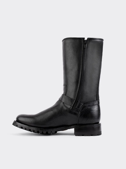 Black Biker Boot with Zipper and Track Sole, Bull Fight Style 1806